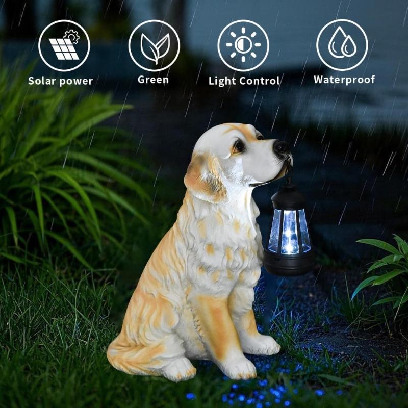 Garden Decoration Dog Statues Outdoor Golden Dog Puppy Statue with Solar Outdoor Figurine Light for Garden Patio