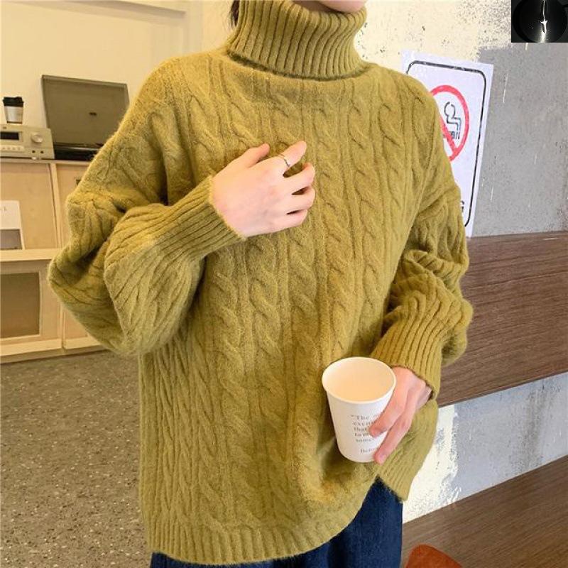 Wear Turtleneck Twist Loose Lazy Wind Pullover Sweater Women's Solid Color Lantern Sleeves Simple Versatile Knitted Sweater