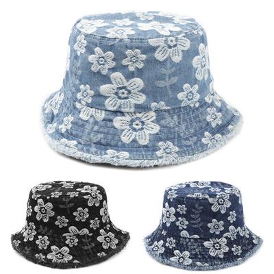 Vintage-Inspired Denim Bucket Hat with Flower Embroidery Sun Protection, Chic Streetwear Fisherman Cap for Women