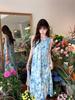 Seaside vacation wind blue butterfly girlish feeling lace-up neck dress female summer small fairy long skirt