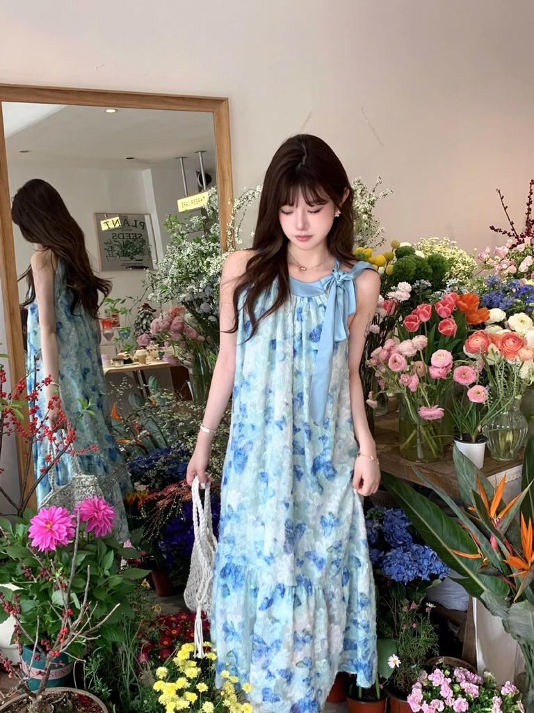 Seaside vacation wind blue butterfly girlish feeling lace-up neck dress female summer small fairy long skirt