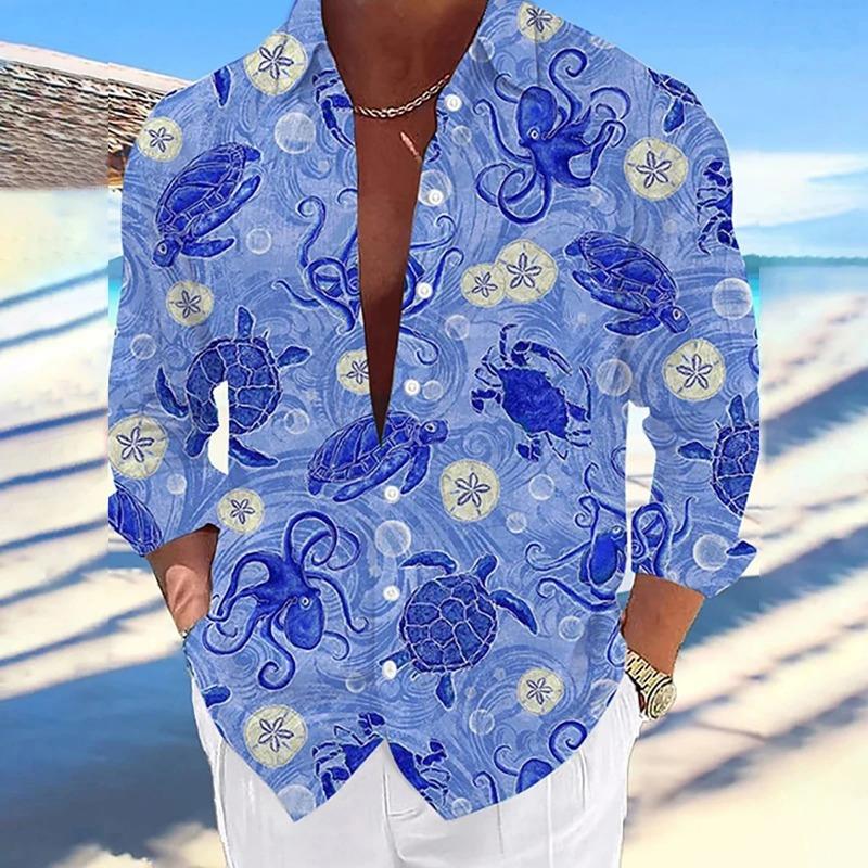 Men's Long-sleeved Shirt Casual And Comfortable Printed Sea Octopus Turtle Series Pattern Hawaiian Comfortable Large Size