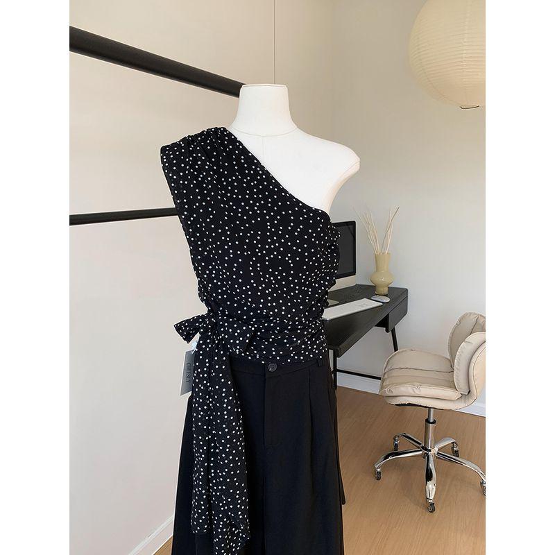 

Duolaimei 2024 Spring Fancy Chic Slant Shoulder Polka Dot Top New Design Sense Elegant Fashionable Vest Black S