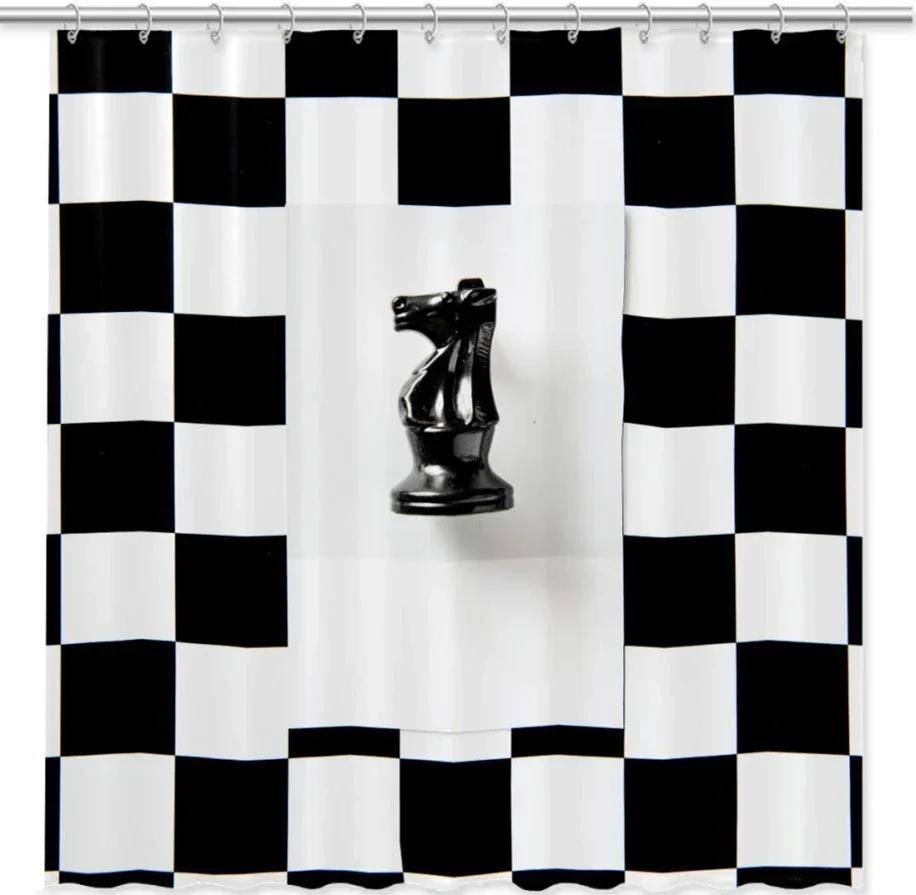 

Chess Shower Curtain Horse Head International Chess Stripes Bathroom Curtains Chessboard Waterproof Board Game Bath Curtains Set 90X180cm
