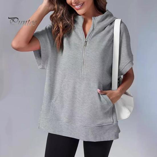 Summer Women Hoodie Half Zipper Short Sleeves Solid Color Pullover Loose with Pocket Casual Daily Wear School Sport Pullover Top Female Clothes