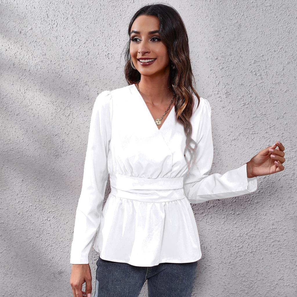 BITCED V Collar Waist Slim-fit Puffy Sleeve Top for Women Chiffon for Women