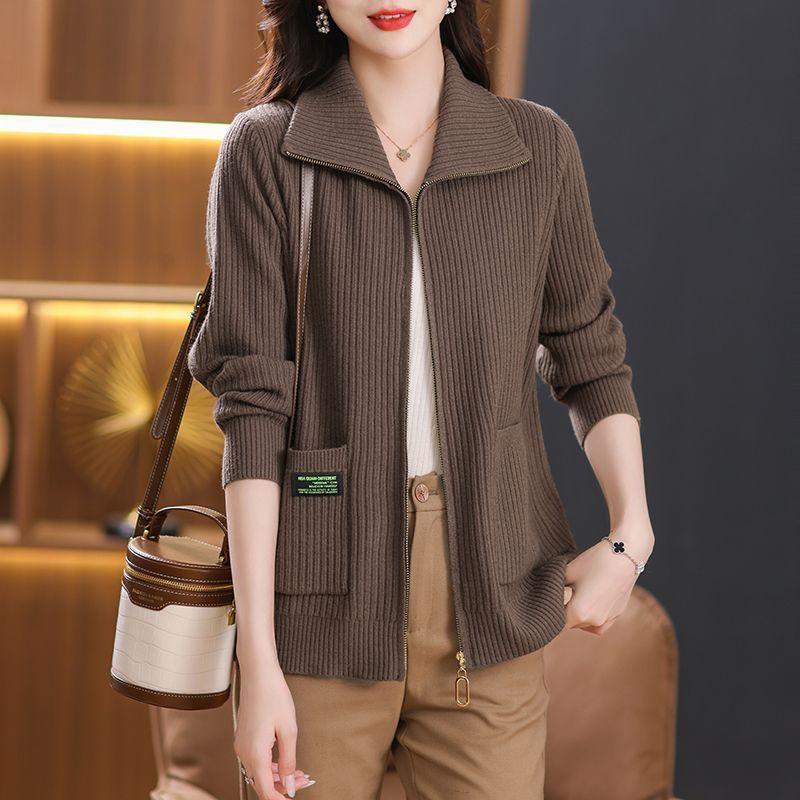 Women's Cardigans Sweaters Outerwear Spring and Autumn Knitwear Lapels Zippered Pockets
