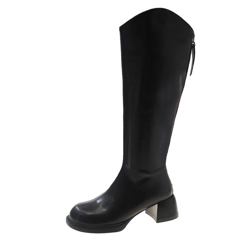 Winter Women High Boots Leather Mid Heels Shoes Knee High Chunky Motorcycle Boots 2024 Trend New Fashion Pumps Botas De Mujer