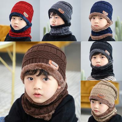 Fleece Contrast Colors Knitted Warm Winter Hats For Kid Hat+Scarf Two Piece Set