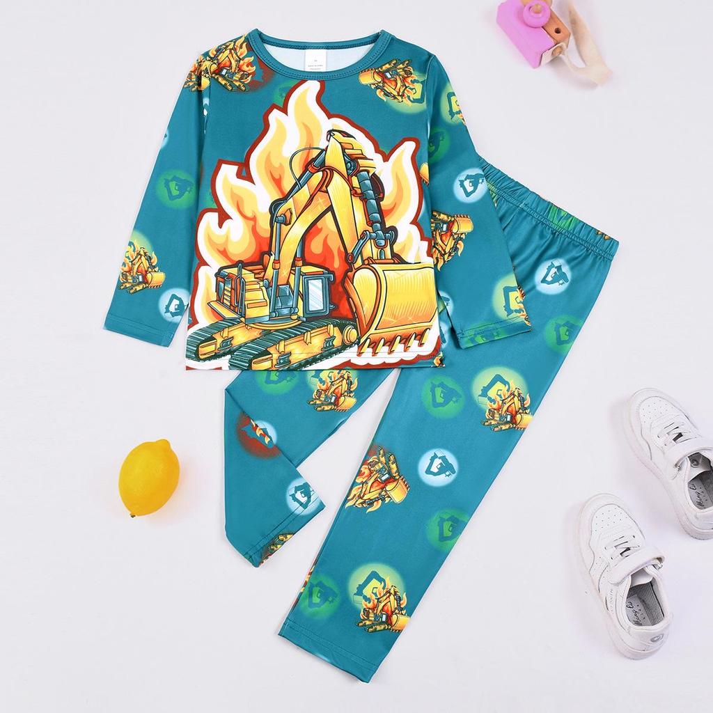 Flame-Retardant Milk Silk Kids' Dinosaur Pajama Set - Green Fluorescent, Long Sleeve & Pants