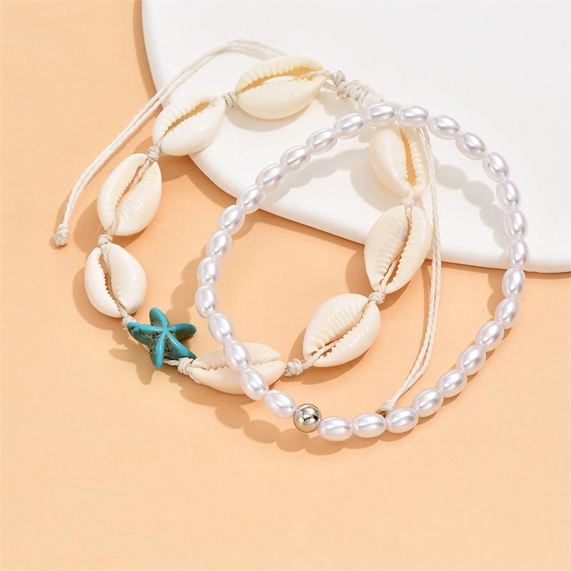3Pcs/set Colorful Rice Bead Anklet Shell starfish Imitation Pearl Love Heart Pendant Summer Foot Chain for Women Beach Jewelry
