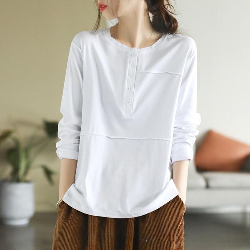 Retro Spring and Autumn Long-sleeved T-shirt Women's Casual Stitching Button Bottoming Shirt Top Women