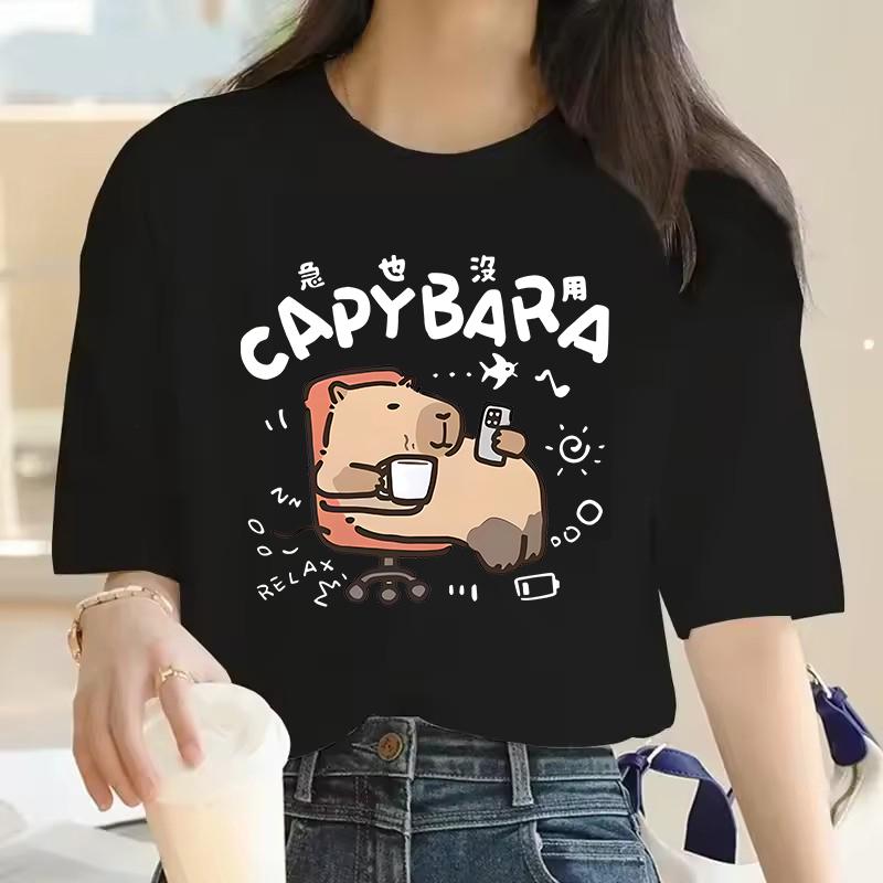 Manga Relax Capybara Print T-shirt Short Sleeve Capibaras Casual Summer Spring Women's Clothing Top Tee