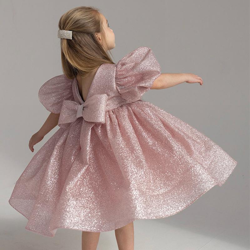 Bubble Sleeve Princess Dress Flower Girl Baptism Gown for Kids' Party Piano Performance Pageant