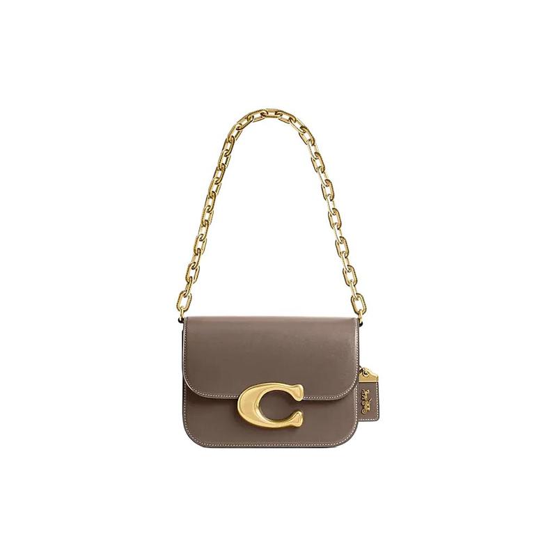 Coach IDOL 21 Gold Logo Logo Chain Magnetic Buckle Closure Flap Cow Leather Messenger Bag Hand Shoulder Bag Small Size Women's Dark Stone Gray