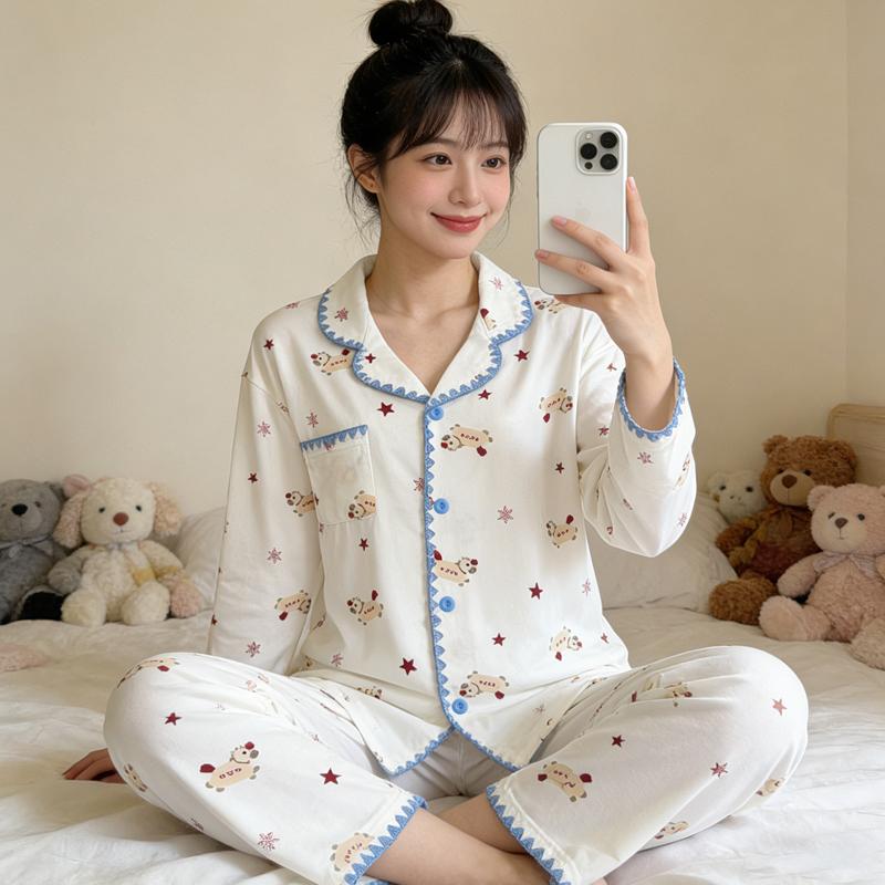 Cute Horse Print Kawaii Pajama Set for Women Spring Soft Fabric Comfort Plaid Loungewear 2 Piece Long Sleeve Top Pants Sleepwear