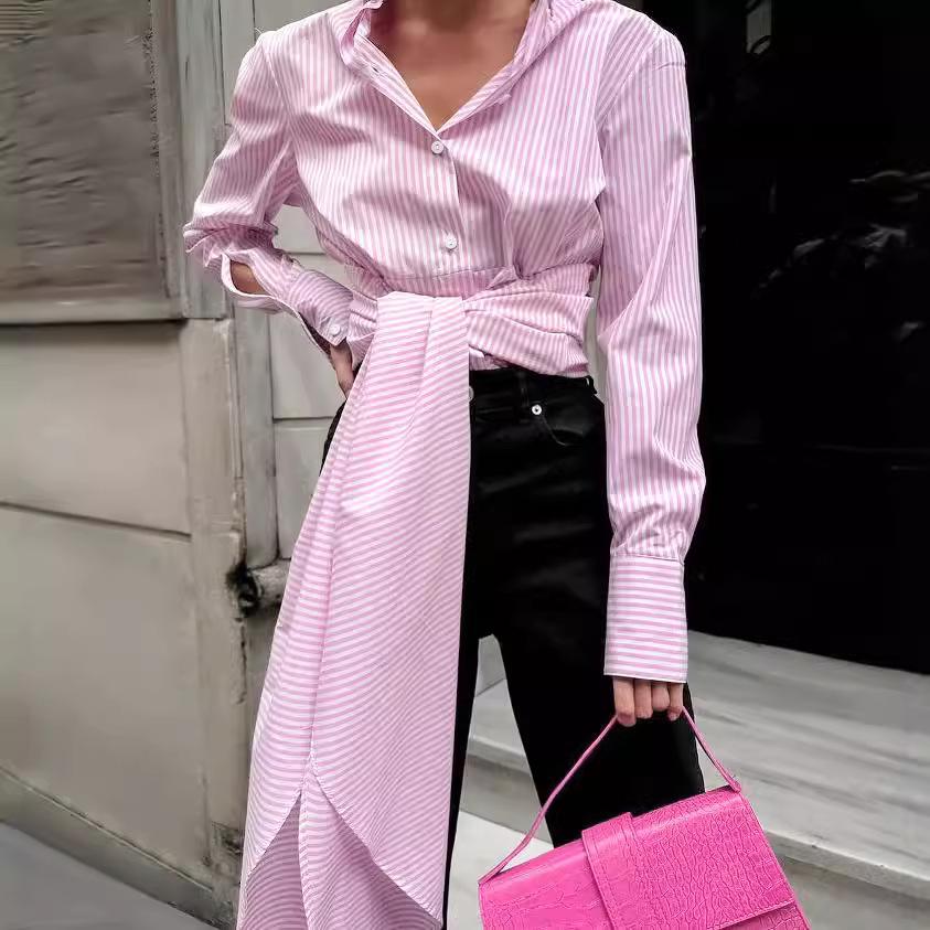 

Women s French Tie-Up Striped Long Sleeve Shirt Medium