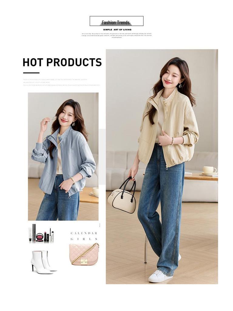 Women's Petite Stand-Up Collar Jacket - Loose, Plus Size, Thin Top for Spring/Autumn 2025