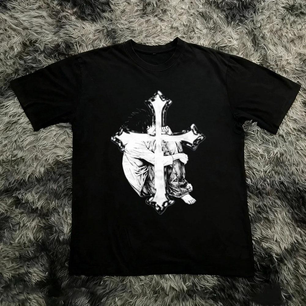 Anime Goth Mörk Anime Grafiskt Tryck T-shirt Gotisk Streetwear Skjorta Y2K Emo Anime T-shirt Unisex WoUnisex Harajuku Svart Vit T-shirt