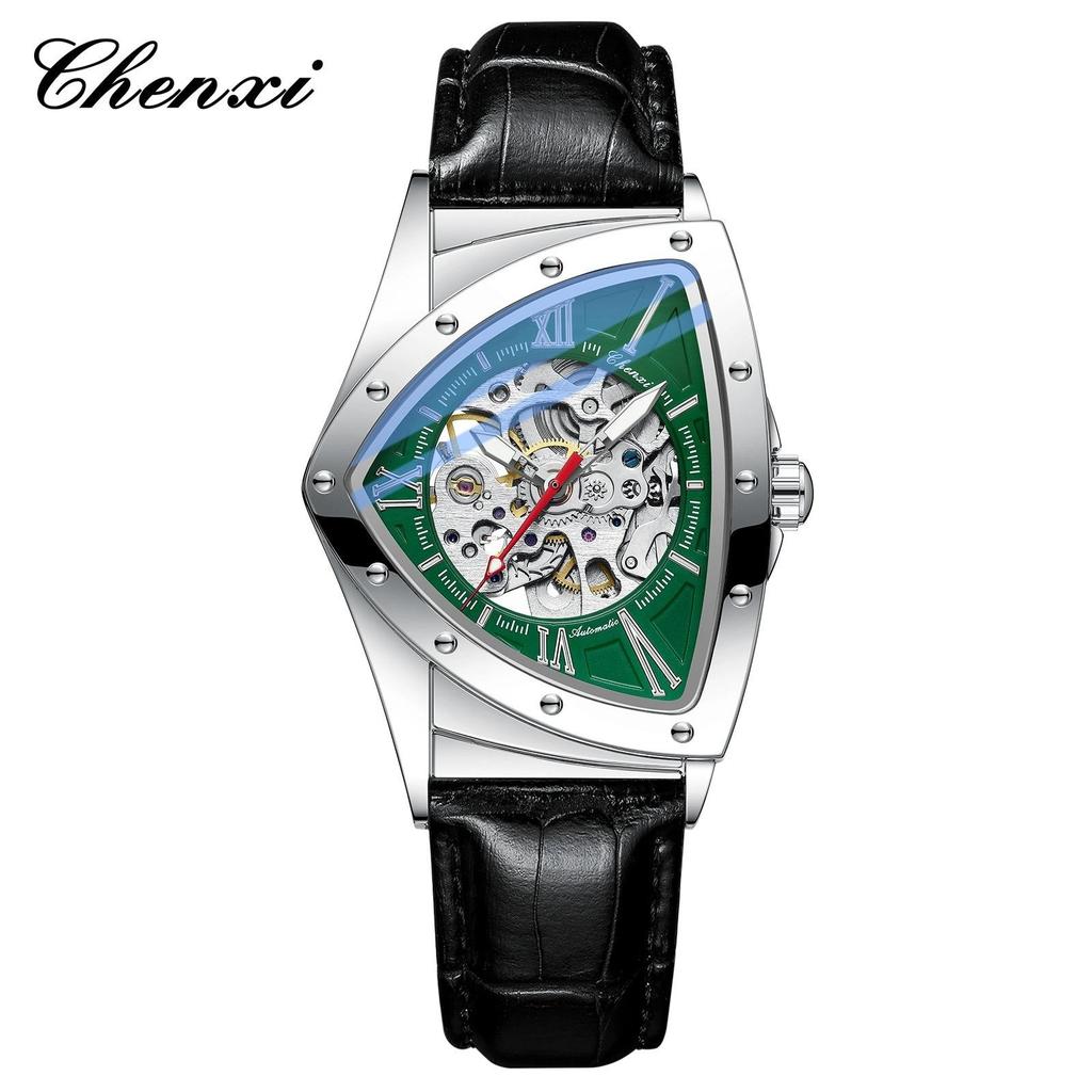 CHENXI Men's Triangle Skeleton Mechanical Watch Unique Design Water Resistant Luminous Stainless Steel/Black Leather Strap Business Watches