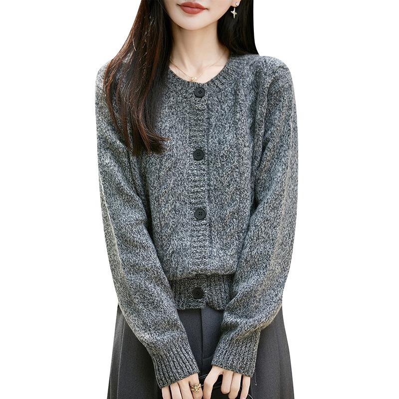 2026 Autumn/Winter Women's Cashmere Wool Cable Knit Cardigan, Round Neck, Long Sleeve, Loose Heather Yarn Sweater