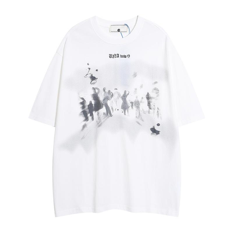 2024 Fuzzy Shadow Pattern Trend Short Sleeve American Trend New Teen Trend Crew Neck Loose T-Shirt Men's Clothing