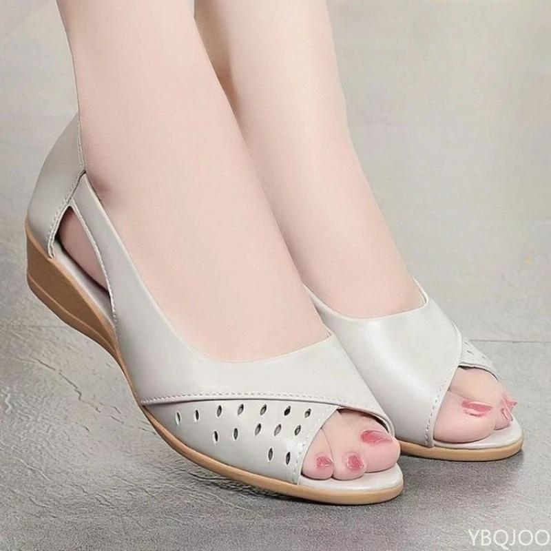 Summer non slip fish mouth Shoes 2026 new soft soled Sandals Middle elderly breathable wedge sandal Fashion versatile wome shoes