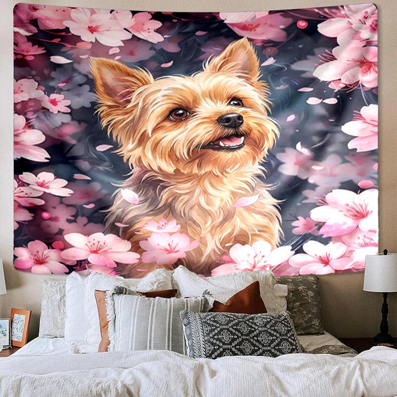 Cherry Blossom Yorkie Tapestry Room Decoration Wall Hanging for Living Room Bedroom, dormitory, Birthday and Christmas gifts