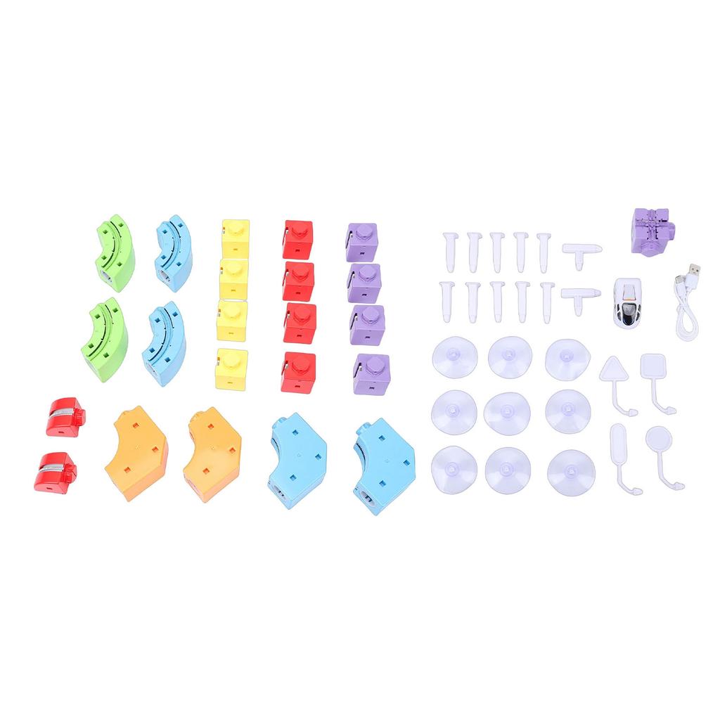 51-teiliges 3D-Eisenbahnstrecken-Set mit wiederaufladbarem USB-Rennwagen-Strecken-Set, STEM-Bausteine, einfach zu lösen und zu verstauen