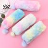 Fur Ball Decoration Pouch Plush Pencil Case Octagonal Shape Large Capacity Gradient Colors Zipper Storage for Stationery Cosmetics And Personal Items