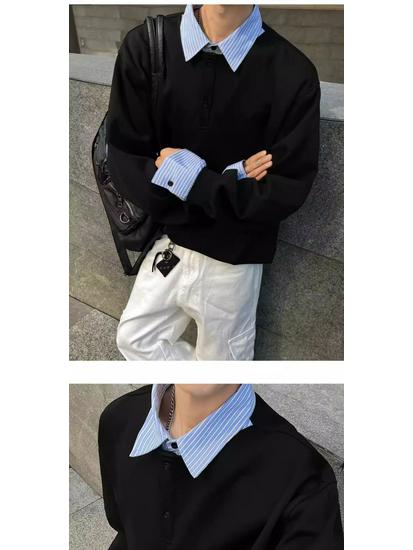 Herren Herbst Gestreiftes Patchwork Sweatshirt - Fake Zweiteiliger Kragen Langarm Streetwear Oberteil
