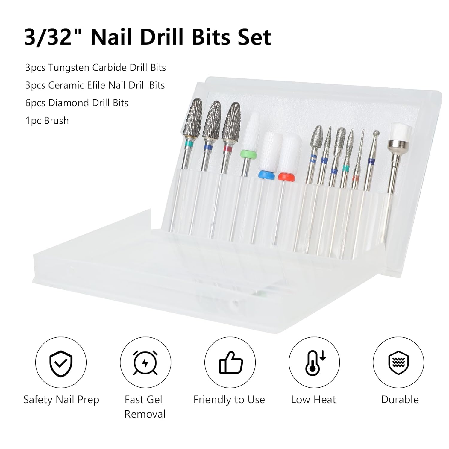 13PCS Nail Drill Bits Set, 3/32” Professional Nail Drill Bits, Tungsten Carbide Ceramic Efile Cuticle Remover Bits with Brush, Brocas para uñas