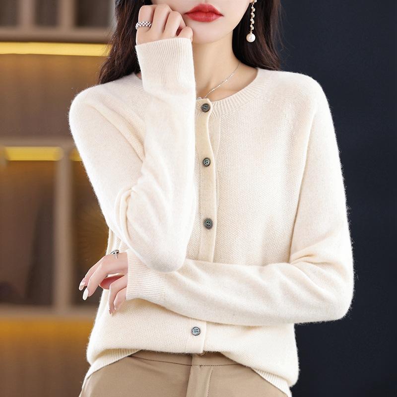 Long Sleeve Merino Woolen Sweaters Cashmere Cardigan Spring Autumn Women O-Neck Knitwear Tops Clothing Fashion Basic Tops