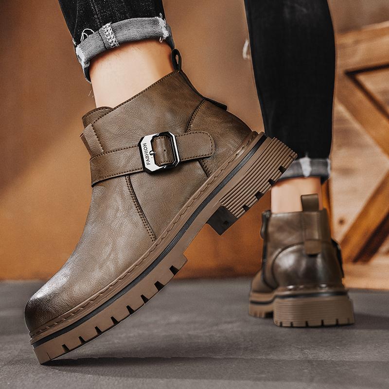 Brand British Leather Non-slip Motorcycle Boots for Men Fashion Casual Platform Shoes Man Designer Soft-soled Man Ankle Boots