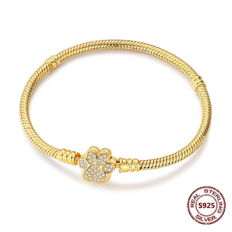 Pink Love Heart Silver 925 Bracelet Original Bracelets Zircon Cat Paw Snake Chain For DIY Charms 17-20CM Wedding Jewelry Gifts