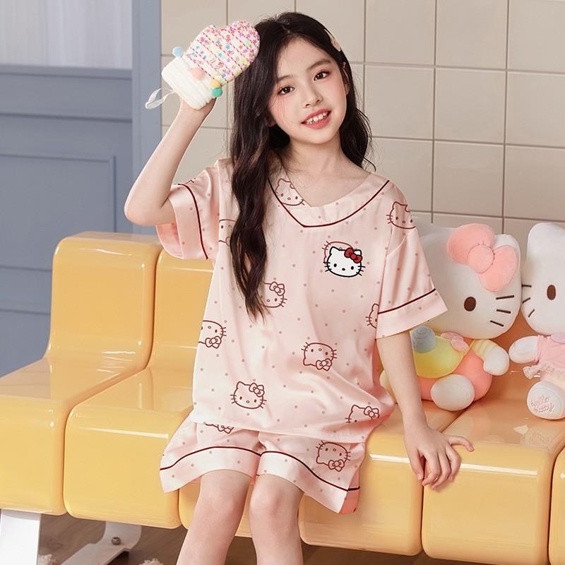 Girls Pajama Set Short Sleeve Ice Silk Sleepwear Kids 8 Years Comfortable Cartoon Print Home Wear