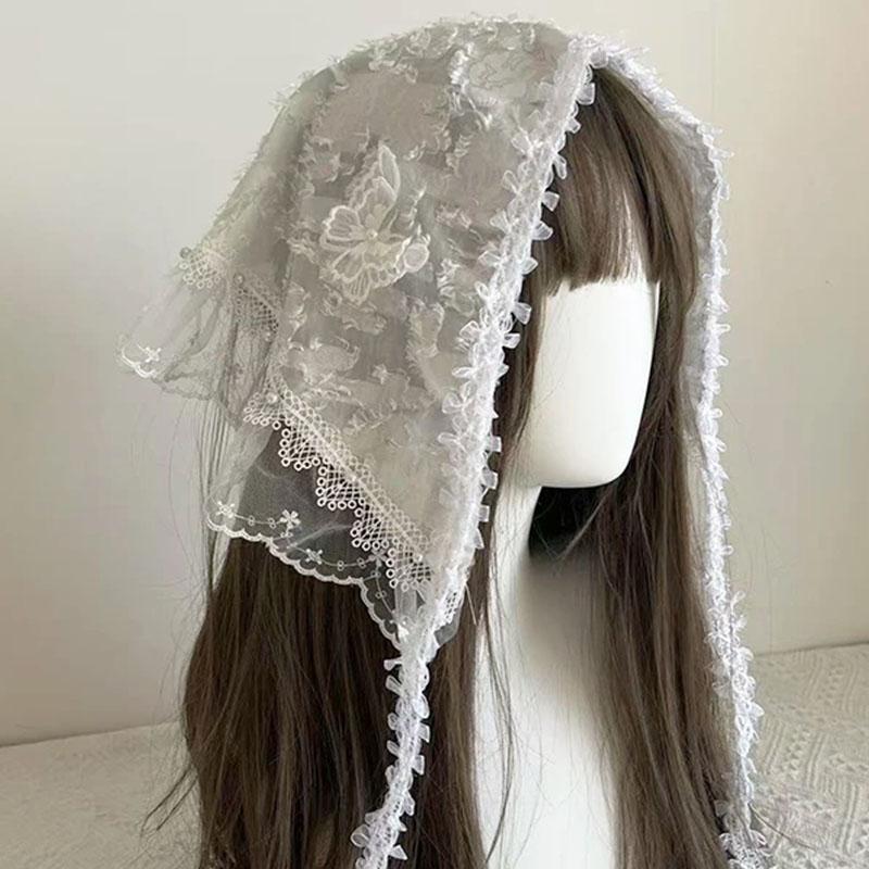 Lolita Lace Headscarf 3D Butterfly Sweet Flowers Summer Hair Wraps with Silk Scarf Triangle Scarf Hair Bands for Travel Beach