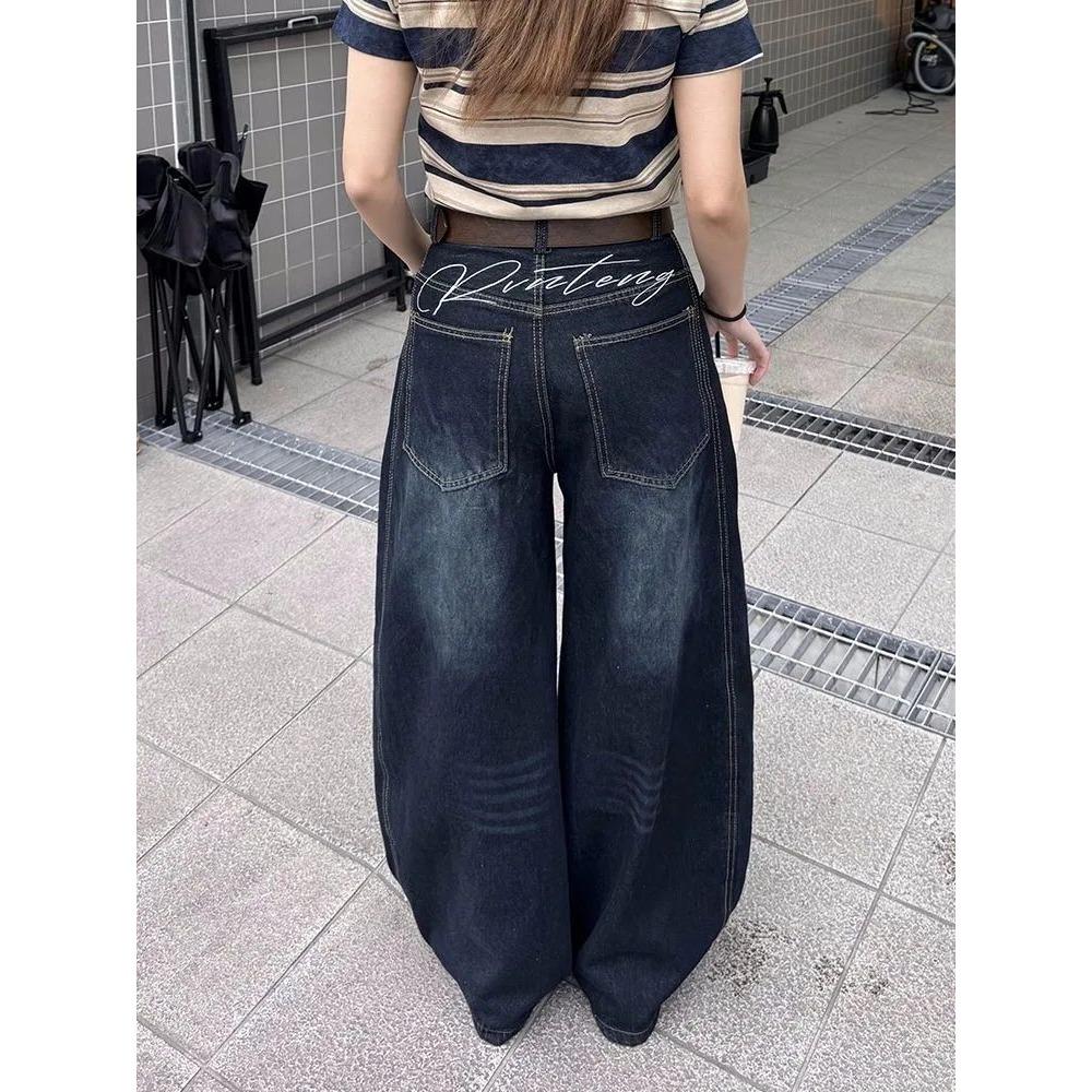 Women's High Rise Wide Leg Jeans Loose Fit Vintage Washed Embroidery Baggy Denim Pants
