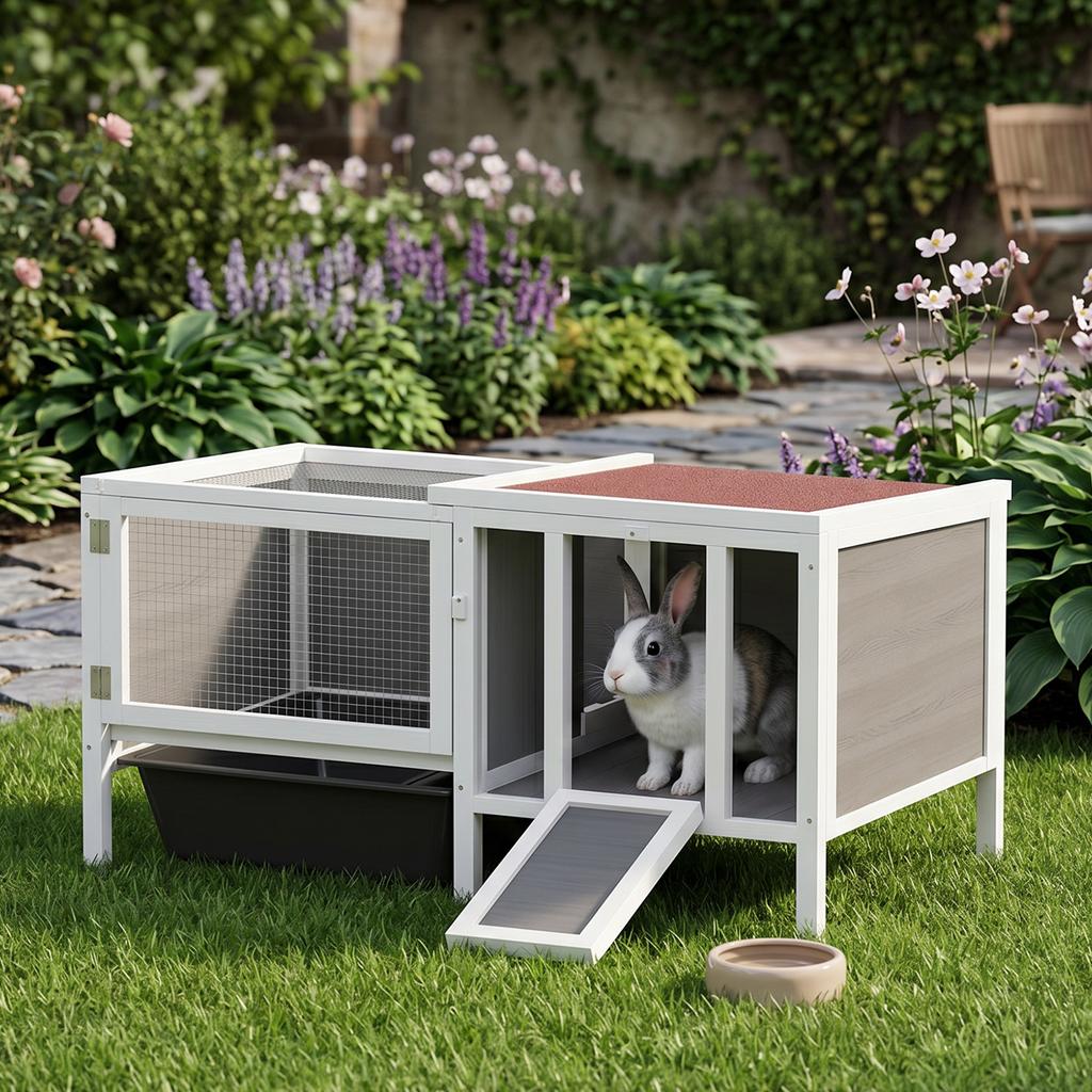 Outdoor Rabbit Hutch with House, Running Area and Tray, Made of Wood, Metal and PET, 105x57.5x51.5 cm, Grey