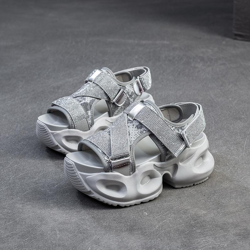 Fashion 6.5CM Synthetic Leather Summer Bling Mixed Color Fsahion Peep Toe Hollow Platform Wedge Chunky Sneaker Women Comfy Shoes