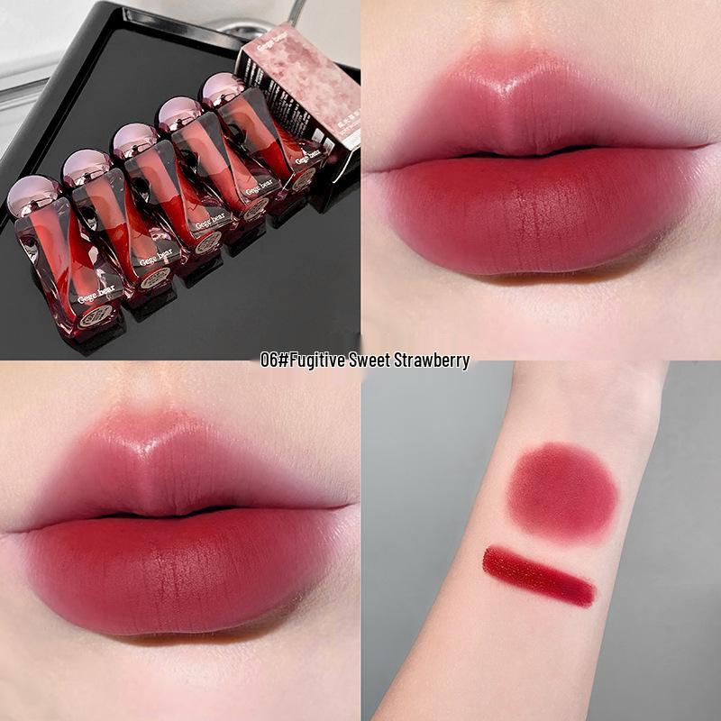 Gege Bear Velvet Matte Lip Mud: Soft Mousse Texture, Mist-like Finish, Stain-resistant, Natural Tint, Whitening Effect.