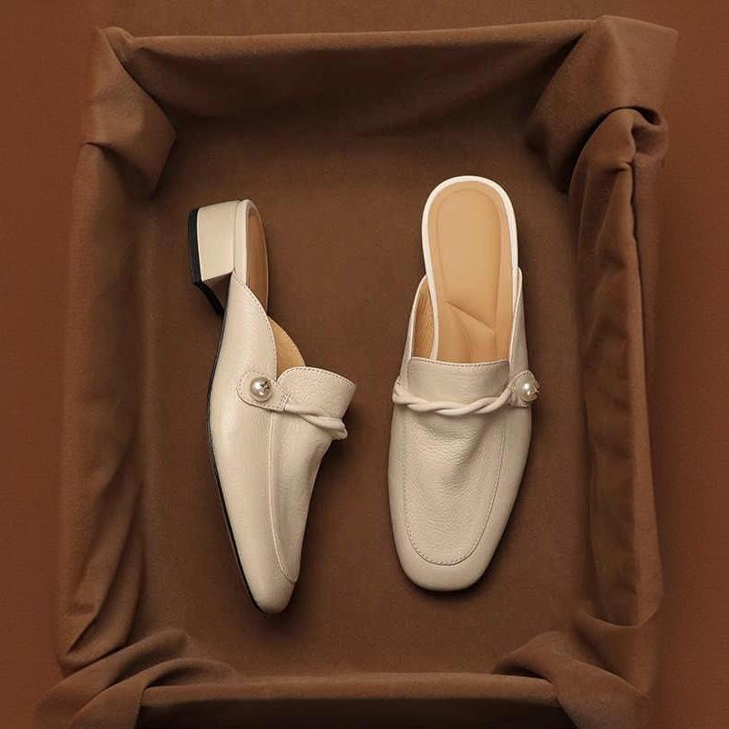 Fashion French Style Slimming Soft Leather Mule Sandals Women Mid Heel Chunky Heel Summer Slip On Shoes