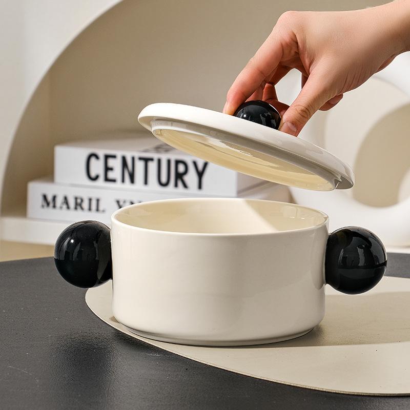 Wind Ceramic Binaural Large Soup Bowl, Household Soup Basin, Student Dormitory Instant Noodle Bowl, Snail Powder With Lid, Gift Tableware