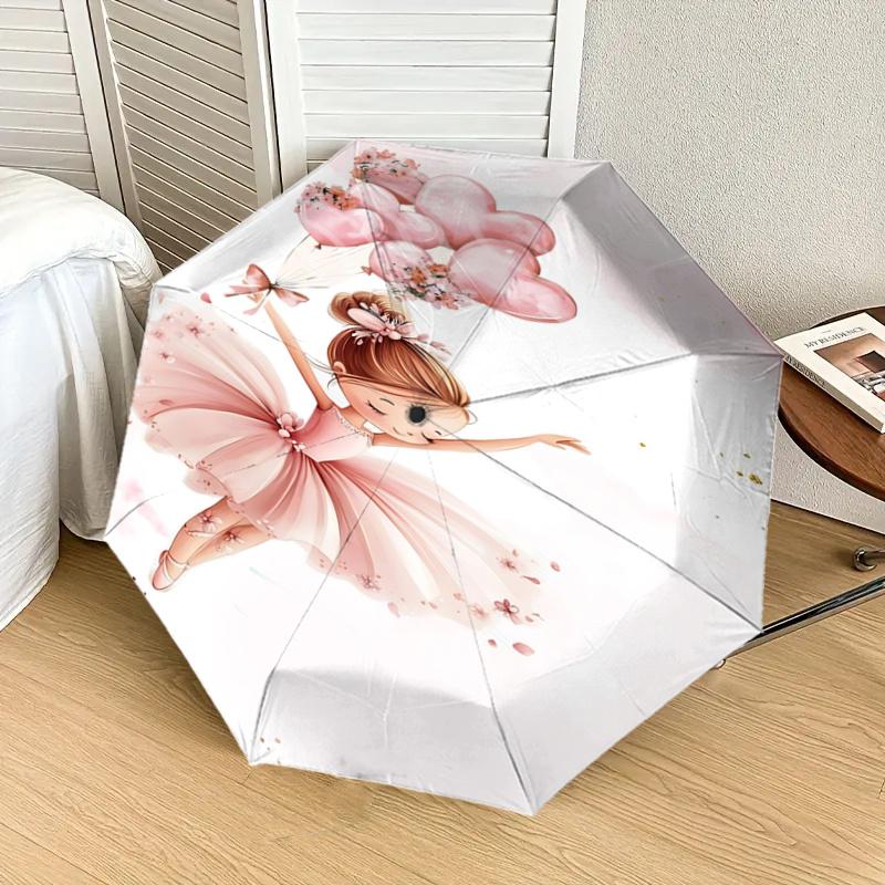 Pink Flower Balloon Ballet Girl Automatic Opening/Closing Umbrella - Portable Three-Fold Design with Iron Frame for Outdoor Use, Perfect Gif