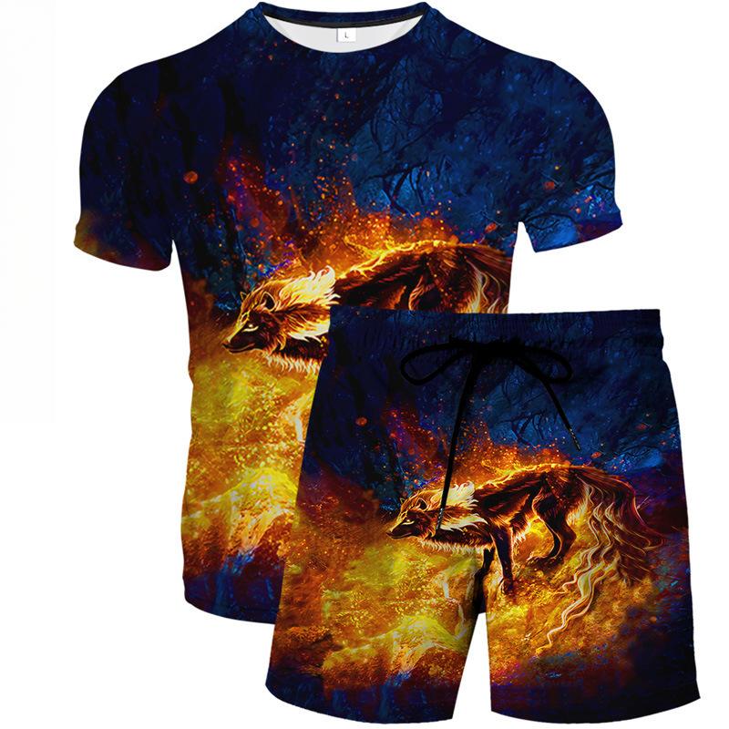 

Літній комплект з круглим вирізом з 3D принтом вовка Модний та повсякденний комплект з шортами з коротким рукавом Чоловічий одяг Спортивний одяг 6XL
