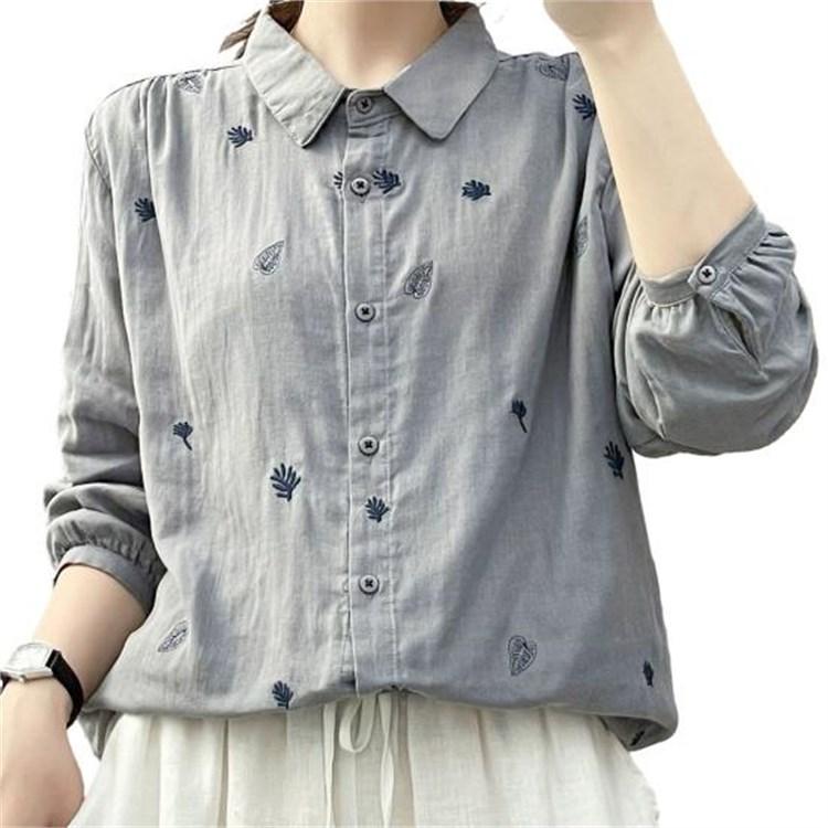 Women Long Sleeve Lapel Single Breasted Loose Fit Leaf Pattern Casual Shirt Tops Work Party Vacation Daily Wear