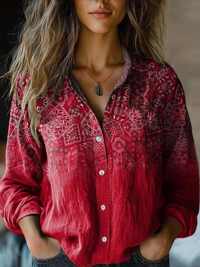 2025 Women's Retro Print Long Sleeve Casual Shirt - Spring/Summer Cotton-Linen Blend