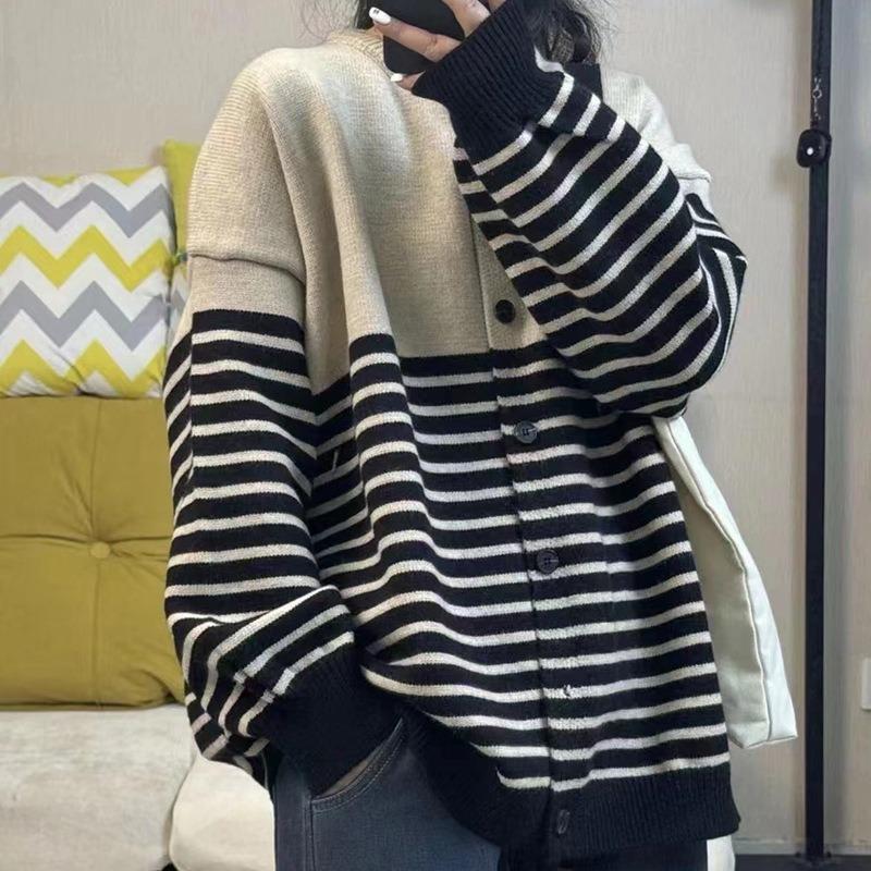 Lazy wind casual striped design knitted cardigan women's autumn and winter loose versatile crew neck sweater jacket