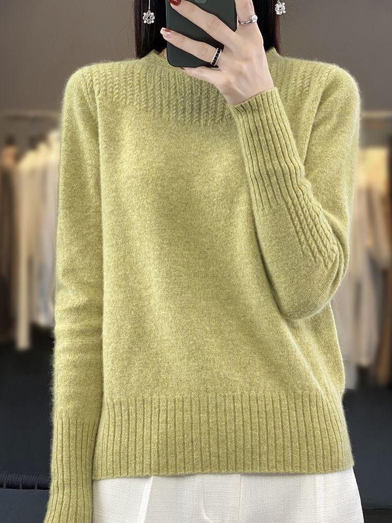 Women's Pure Wool Hollow-Out Sweater - Autumn/Winter Short Style, Round Neck, Stylish Knit Design, Textured Base Layer 100