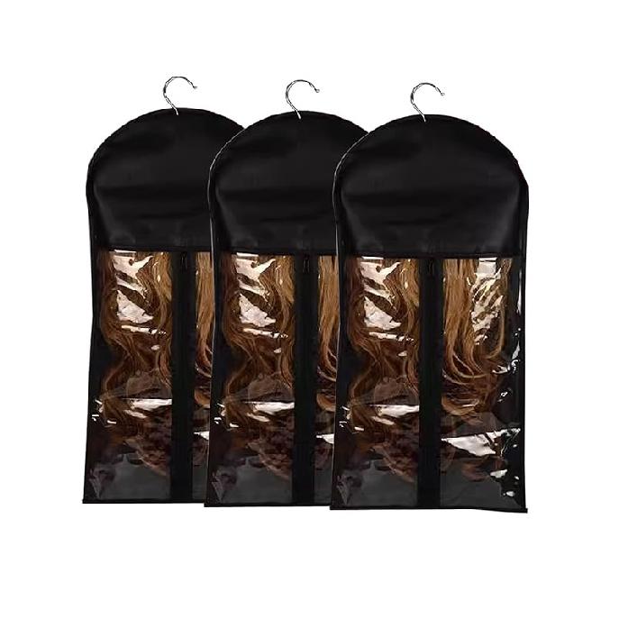 3 Pcs Hair Extension Storage Bag, Hair Extensions Holder with Hanger, 11.4 * 23.6 inches, Portable Wig Bags Storage with Transparent Zipper Closure